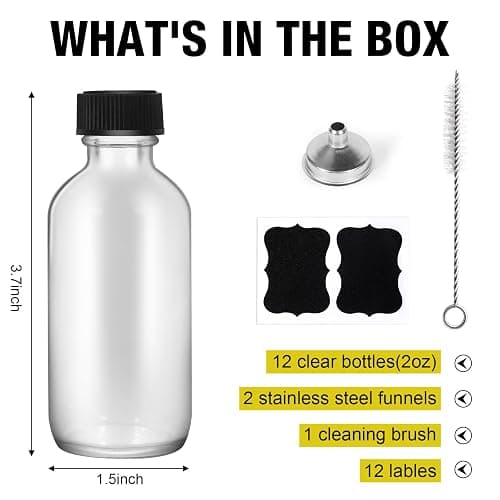 2oz Small Clear Glass Bottles with Lids, 2 Stainless Steel Funnel, 12 Labels,1 Brush - 60ml Reusable Boston Bottle for Juice, Ginger Shot, Wellness, Oils, Whiskey, Liquids - Leakproof Travel Bottle thumbnail 3