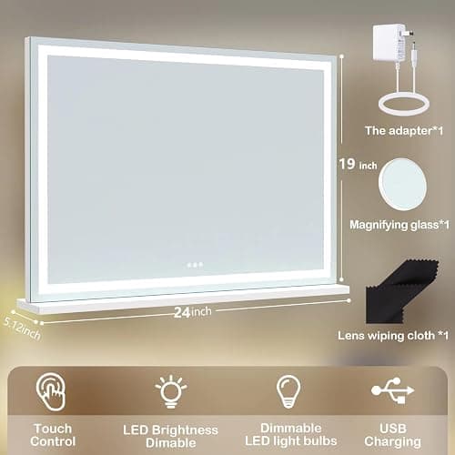 Gvnkvn Makeup Vanity Mirror 24" x 19" Large LED Makeup Mirror, Desk Mirorr with Lights, Light up Mirror with 10X Magnification and, Dimmable 3 Modes, Touch Control White thumbnail 2
