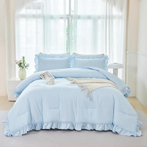 ANGIYUIN Light Blue Ruffle Girls Comforter Set Twin Size 5 Pieces Ruffled Farmhouse Bed in A Bag Solid Boho Bedding Comforter Sets Soft Fluffy Bed Sets for Kids Girl(Light Blue Twin) - Image 1