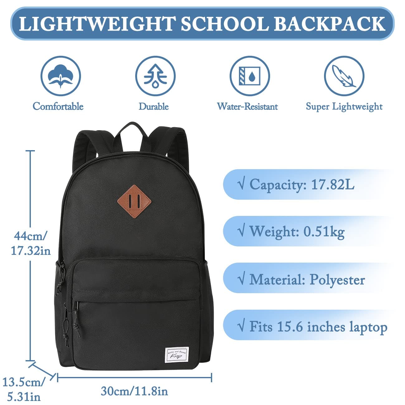 KASQO School Backpack, Lightweight Water Resistant Backpack for Men Women Classic Schoolbag Kids Bookbag 17.8L Daypack Travel Rucksack Bag for Teens College, Camping, Work thumbnail 2