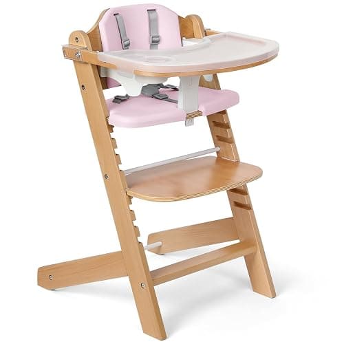 Cowiewie Natural Wooden High Chair for Babies & Toddlers 3-Tier Remove Adjustable Tray and Highchair with Cushions, Easy to Clean, Portable. (Pink) - Image 1