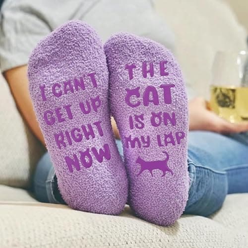AmoraKiva Mothers Day Gifts for Mom Grandma Wife- Funny Cat Mom Fuzzy Slipper Socks thumbnail 3