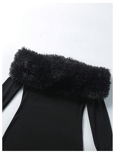 SOLY HUX Women's Bodycon Mini Dress Off The Shoulder Contrast Faux Fur Long Sleeve Dresses thumbnail 4
