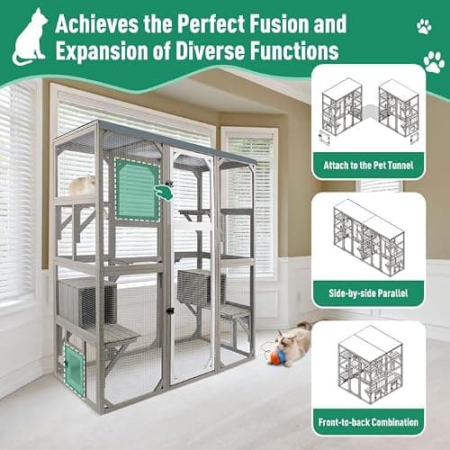 PetsCosset Outdoor Cat Catio Enclosures Large Wooden Cat House Patio for Indoor Cats Feral Cat Shelter with 2 Espace Doors, 2 Resting Rooms, 5 Platforms, Removable Waterproof Cover 67.7" H - 67.7"H Cat Catio thumbnail 2