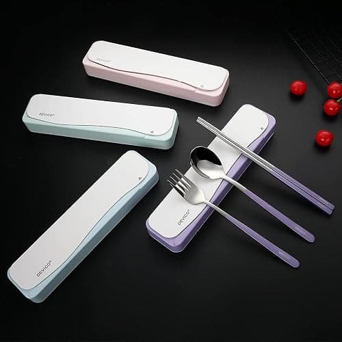 DEVICO Travel Utensils, Portable 18/8 Stainless Steel Silverware Flatware Set, Include Fork Spoon Chopsticks with Case (Purple) thumbnail 7