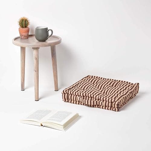 HOMESCAPES - Pin Stripe Choco - 100% Cotton - Floor Cushion - Chocolate and Beige - 40 x 40 x 8 cm Square - Indoor - Garden - Dining Chair Booster - Seat Pad Cushion. thumbnail 2