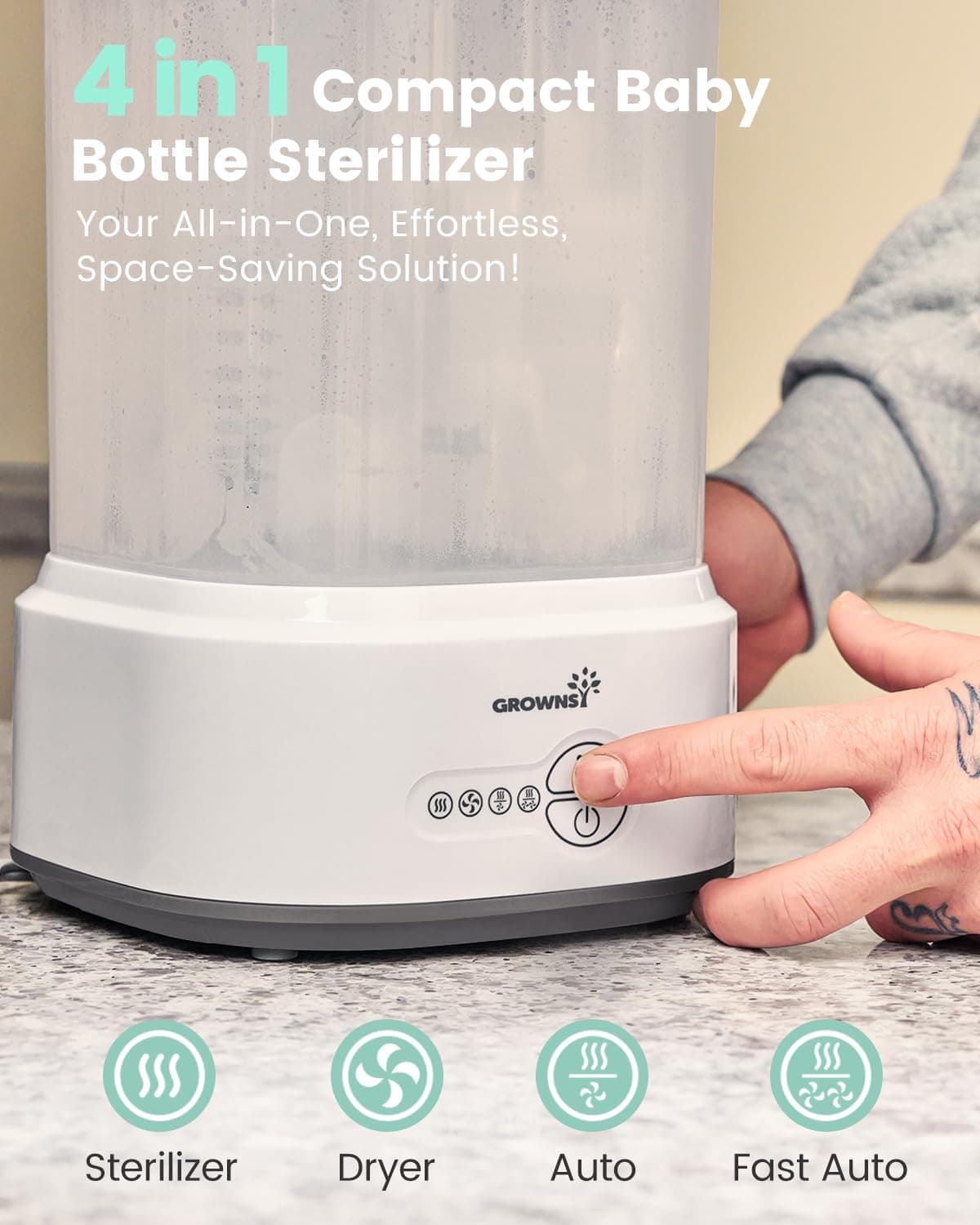 GROWNSY Bottle Steriliser and Dryer, Compact Electric Steam Baby Bottle Sterilizer, Bottle Sanitizer for Baby Bottles, Pacifiers, Pump Parts, White thumbnail 2