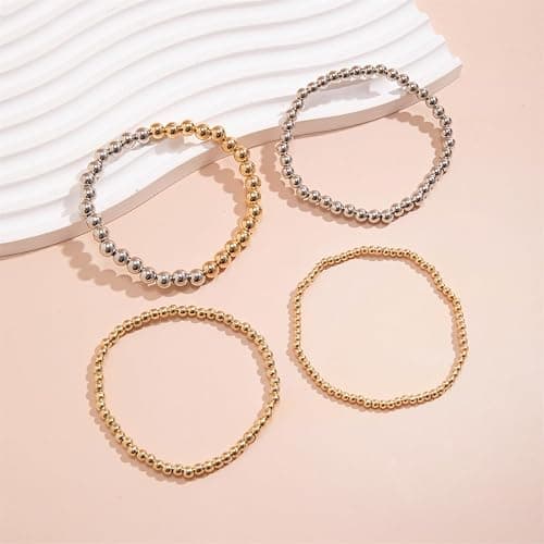 LXSSLY 5Pcs Gold Bead Bracelets Set for Women,14K Gold Plated Stackable Bead Ball Bracelets Set,Adjustable Chunky Bangles Bracelets,Boho Stretch Bead Ball Bracelet for Women thumbnail 5
