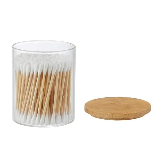 Glass Apothecary Jars, 2 Pack Qtip Holder Dispenser Glass Bathroom Vanity Jars Containers Organizer with Bamboo Lids for Cotton Balls Swabs Pads Rounds Q-tip Bath Salts thumbnail 5