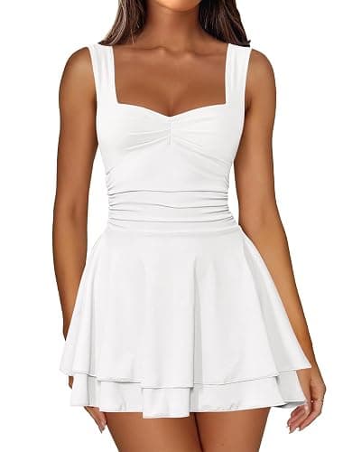IWD Women's Square Neck Sleeveless Mini Dress Ruched Waist Tiered Ruffle Hem A Line Short Dresses - Image 1