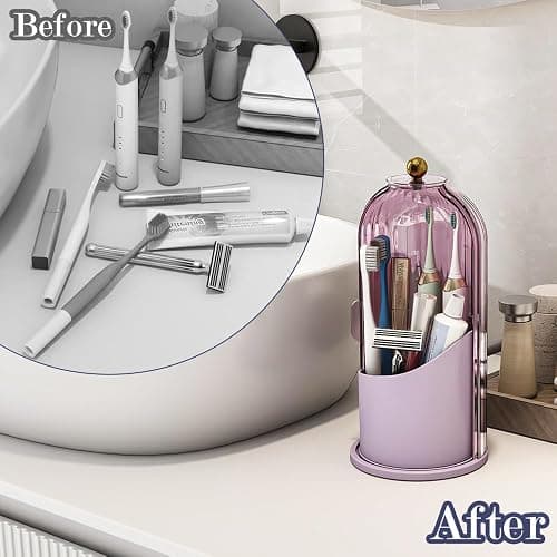 Zufudo Dustproof Toothbrush Holders with Cover, Rotating Electric Toothbrush and Toothpaste Holder for Bathroom Countertop, 3 Slots Makeup Brushes Organizer, All Pink thumbnail 4