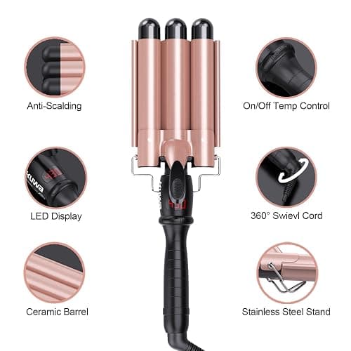 kuwa Crimper Hair Tool,3 Barrel Curling Iron,hairCrimper for Women,Hair Waver with LCD Temperature Display,Long-Lasting Natural Tight Waves thumbnail 7