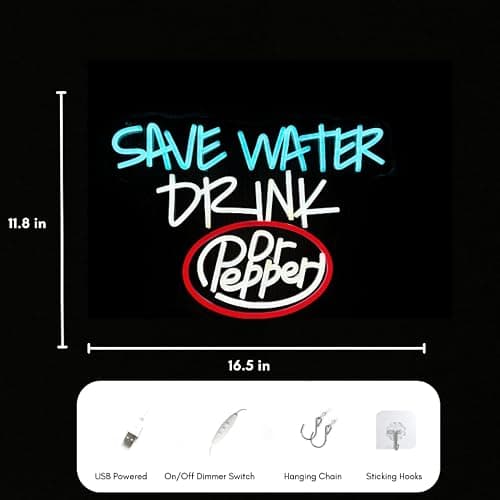 Retro Soda Neon Sign – “Save Water Drink” LED Light, Happy Soda-Themed Neon Light - Adjustable Brightness, Ice Blue/White/Red, Perfect for Party Decoration, Bars, Home Decor Man Cave、Holiday Gifts thumbnail 3