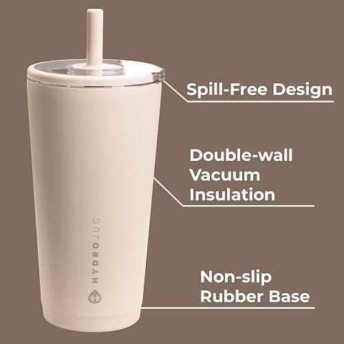 HydroJug Everyday Tumbler 20 oz – Ceramic-Lined Insulated Tumbler with Straw and Soft-Touch Lid, Cup Holder Friendly, Double-Wall Vacuum Insulation, Reusable Travel Cup – Dune thumbnail 4