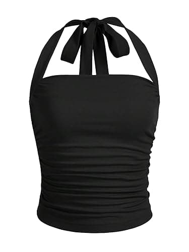 SOLY HUX Women's Ruched Halter Y2K Crop Tops Tie Back Sleeveless Slim Fit Cami Tops - Medium - Plain Black