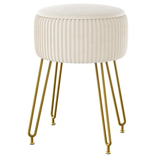 IBUYKE Velvet Storage Footrest Stool Ottoman, Makeup Vanity Stool Side Table with Golden Steel Legs Removable Cover, Coffee Table Top Cover, Creamy-White LG-20M - Image 1