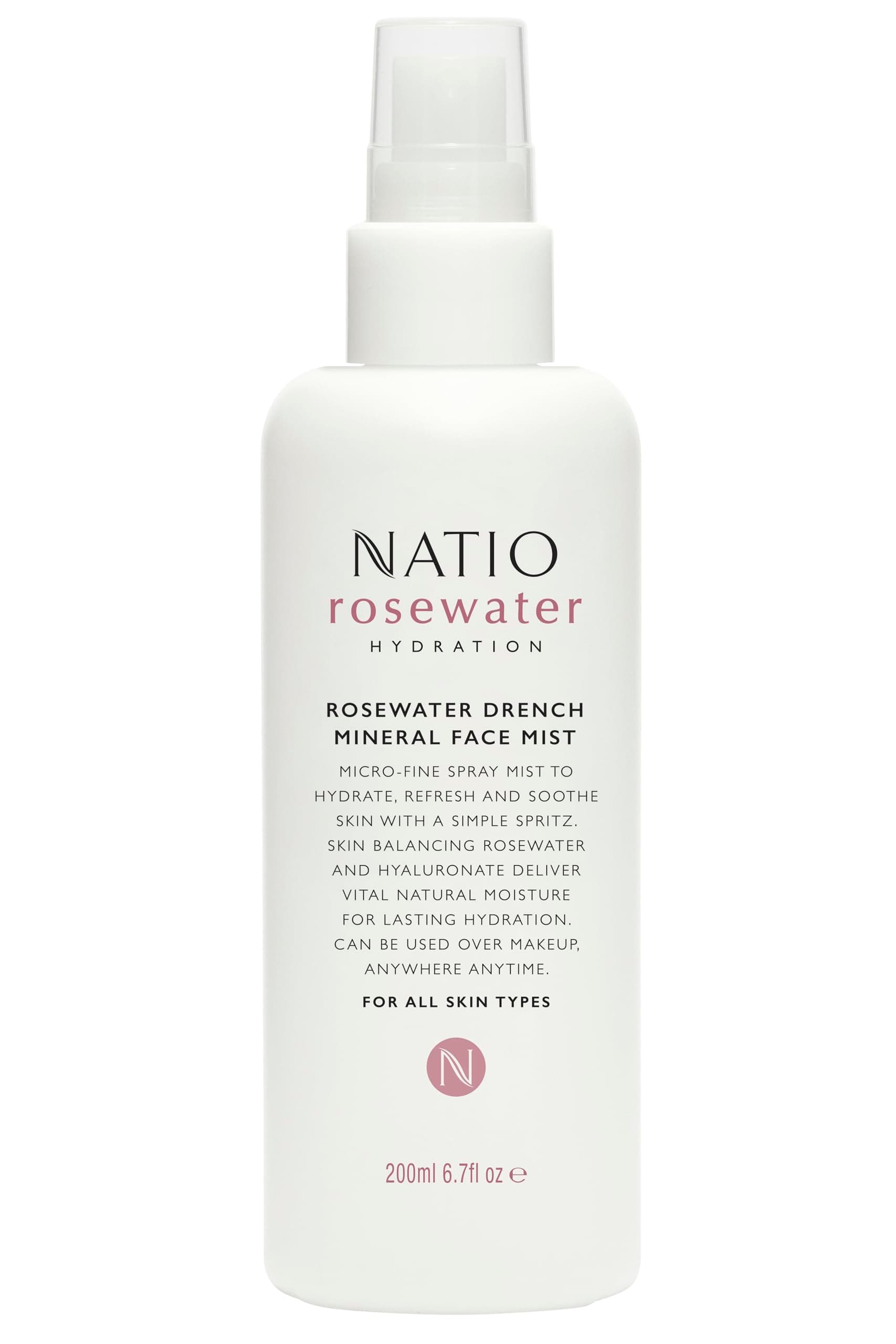 Natio Australia Rosewater Hydration Drench Mineral Face Mist 200ml - Refreshing Skin Balancing Rosewater & Hyaluronate Facial Mist - Hydrating, Replenishing & Balancing - Made in Australia - Image 1