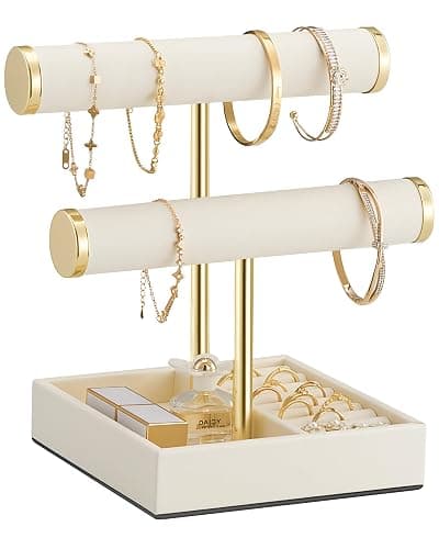 Lolalet 2-Tier Bracelet Holder Organizer, PU Jewelry Display Stand -Beige | Easy-Clean Jewelry Holders with Storage Tray for Ring, Space-Saving Watch Rack for Vendors, Room Decor, Gift for Girls Women - Image 1