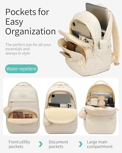 VANKANY Girls Backpack School Bag, Solid Backpack for Middle High School 15.6in Laptop Backpack with USB Charging Hole for Women, Aesthetic College Bookbag for Teens, Beige - Beige - 15.6in thumbnail 3