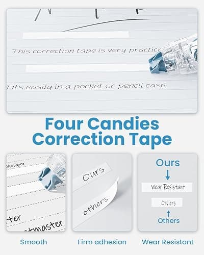 Four Candies 2-Pack White Correction Tape, Refillable, 118.1 ft, 6mm Width | 4 Refill Tapes, Retractable, Smooth, Tear-Resistant, Cute Pen Shaped Applicator for Back to School Teen & Adults thumbnail 6