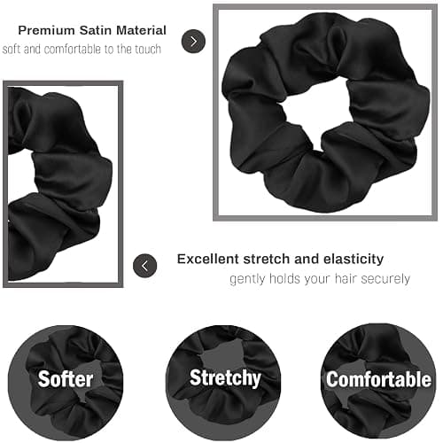 IVARYSS Scrunchies for Hair Sleep, Premium Satin Soft Than Silk for Women Curly Hair, Cute Bands Ties for Girls Thin | Thick Hair Styling, 12 Pack, Black thumbnail 2