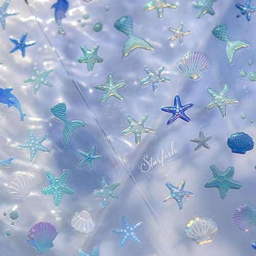 Beach Nail Stickers Seashell Starfish Mermaid Dolphin Nail Decals with Shell Light Design - Blue Summer Stickers for Nails Self Adhesive Nail Art Supplies & Decorations for Women Girls 1 Sheet thumbnail 6