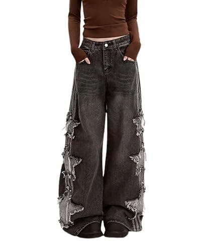 PEAINJ Star Jeans for Women Girls Baggy Cute Patchwork Denim Pants | Y2K Jean Pants,2000s Baggy Star Jeans,High Rise,Classic 4 Pockets,Grunge Trendy Clothes,Casual Aesthetic Outfits - Image 1