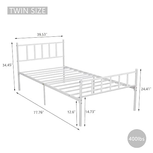 WJORATA Metal Platform Twin Bed Frame with Headboard Sturdy Steel Slats Support No Box Spring Needed Easy Assembly White thumbnail 2