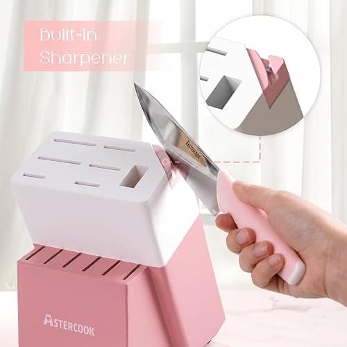 Astercook Knife Set, Kitchen Knives Set with Block and Sharpener 15 Pcs German Stainless Steel Knives Sharp Blade Dishwasher Safe Deba Knives with Ergonomic Handle, Crystal Pink thumbnail 6