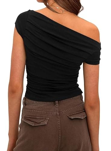 Darong Women's Summer Cap Sleeve Boat Neck Off Shoulder Top Going Out Slim Fit Tops Y2K Tight Shirts - Small - Black thumbnail 2