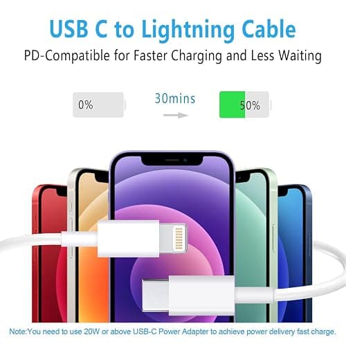RCTech USB C to Lightning Cable 3Pack 6FT [MFi Certified] iPhone Fast Charger Cable USB-C Power Delivery Charging Cord for iPhone 14/13/12/11/XS/XR/X/8/iPad, White thumbnail 2