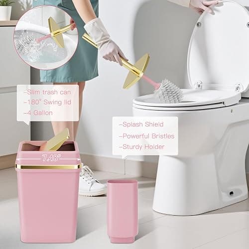 9PCS Bathroom Accessory Set, Pink Bathroom Set with Large-Capacity 4 Gallon Trash Can, Bathroom Accessories Set Complete, Toothbrush Holder, Soap Dispenser, Toilet Brush, Bathroom Decor thumbnail 5