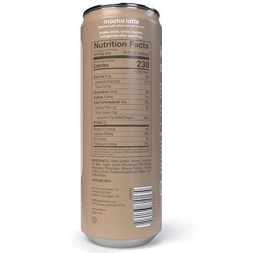 happy coffee canned mocha latte, 11 oz. cans, 12 pack, notes of cocoa & elation, 100% arabica beans, no artificial flavors or sweeteners thumbnail 2