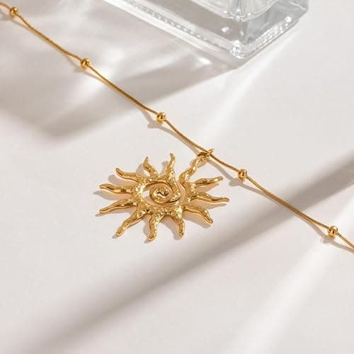 LAIHUARYWA Elegant 18K Gold Plated Necklace for Women Sun Moon Pendant Necklace Boho Vintage Hammered Circle Coin Necklaces for Women Minimalist Spiral Design Prom Birthday Gift for Her thumbnail 5