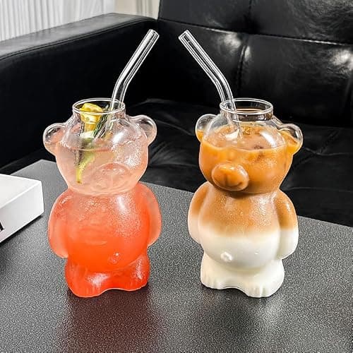 12oz Teddy Bear Glass Cup with Straw, Honey Bear Straw Coffee Tumbler, Cute Mugs, Coffee Beer Wine Cocktail Drinks Glassware (2PC) thumbnail 2