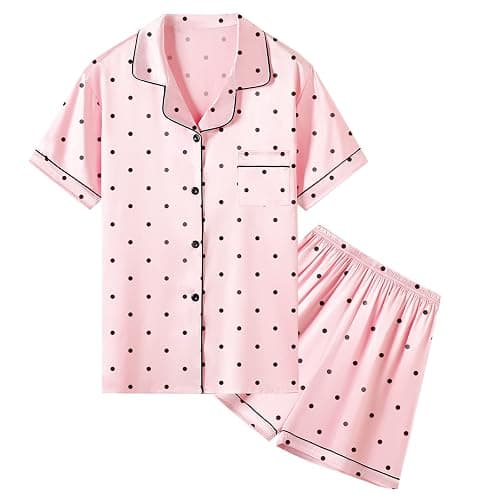 Umeyda Women & Girls Pajamas Set, 2 Piece PJS Satin Silk Sleepwear Button-Down Top with Shorts for Mom Kids Gifts - Image 1
