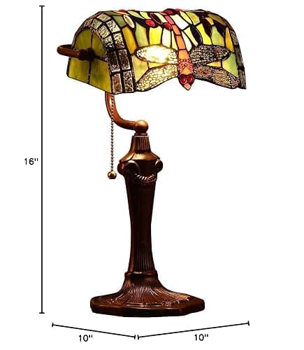 Bieye L10058 Dragonfly Tiffany Style Stained Glass Banker Table Lamp with 10-inch Wide Lampshade and Zinc Base for Reading Working Desk (Green) thumbnail 7