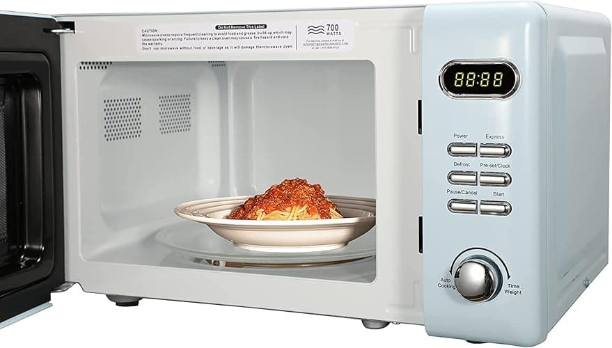 Emerson MWR7020BL Retro Compact Countertop Microwave Oven with Button Control, LED Display, 700W 5 Power Levels, 8 Auto Menus, Glass Turntable and Child Safe Lock, 0.7, Thunderbird Blue thumbnail 6