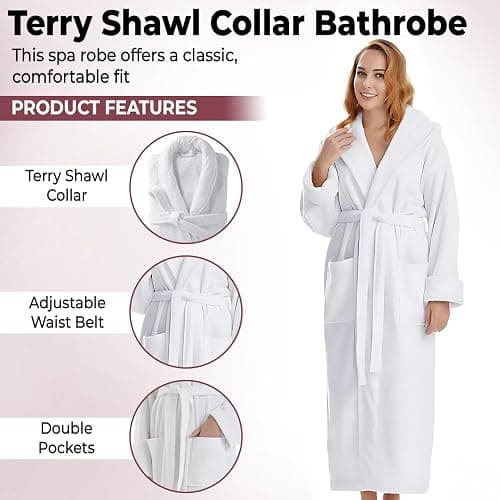KAHAF COLLECTION Cotton Terry Robes for Women and Men, Terry Shawl Collar Bathrobe, ONE SIZE - UNISEX Men & Women Spa Robe thumbnail 3