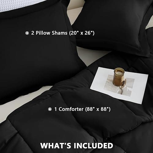 CozyLux Queen Comforter Set, 3-Piece Box-Stitched, Black | 270 GSM Down Alternative Fill, 90 GSM Brushed Microfiber Shell, OEKO-TEX Certified, 88 x 88 in Comforter with 2 Pillow Shams thumbnail 6