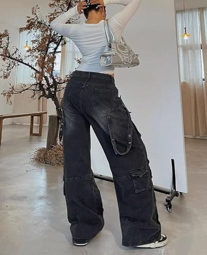 POHADON Baggy Cargo Pants for Women Loose Fit Straight Wide Leg Denim Jeans Pants Y2k Emo Clothes Hip Hop Streetwear thumbnail 3