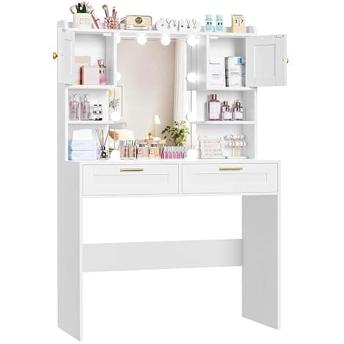 FIONESO Coiffeuse avec Grand Miroir，luminosité réglable,Table de Maquillage avec 2 Tiroirs et 2 Armoires, Moderne Coiffeuse, Blanc thumbnail 3