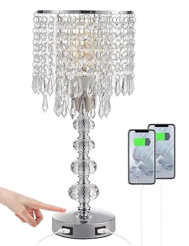 Acaxin Crystal Table Lamps for Bedroom Nightstand - Touch Bedside Lamps with Two USB Charging Ports Silver, 3 Way Dimmable Small Glam Lamp for Girls, Night Stand Lamp for Living Room thumbnail 8