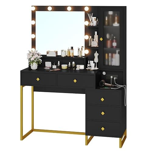 Tiptiper Large Makeup Vanity with Lights and Charging Station, Vanity Desk with Mirror and Lights, Vanity Table with Nightstand, Makeup Table with 5 Drawers & Storage Shelves, Black and Gold thumbnail 8