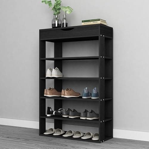 sogesfurniture 5-tier Wooden Shoes Rack Organizer with Storage Compartment, Free Standing Shoe Storage Shelf for Entryway, Living Room, Hallway, Doorway (29.5" Black) thumbnail 5