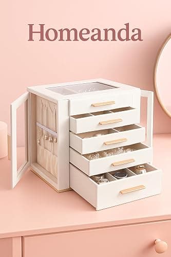 Homeanda Jewelry Box for Women with Glass Lid, 5 Drawers Jewelry Organizer and Storage for Necklaces, Rings, Earrings, Bracelets, Gift for Girls and Teens,PU Leather (White) thumbnail 3