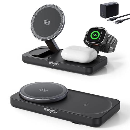 THREEKEY 3 in 1 iPhone 17 Charging Station,MagSafe Charger Compatible, Qi2 25W MFi Certified Wireless Charger Stand for iPhone 17/16/15/14/13/12, Apple Watch, AirPods(45W Adapter Included) - Image 1