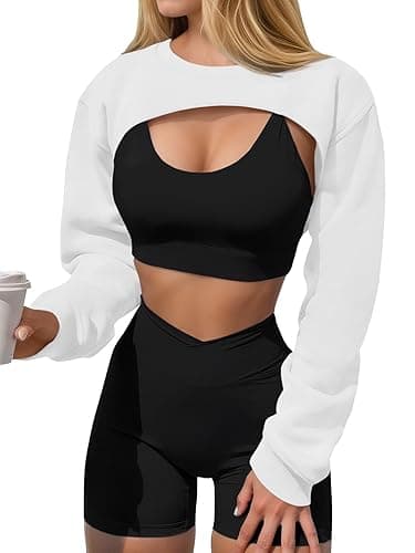 Yousify Womens Cropped Sweatshirt Shrugs Long Sleeve Workout Gym Cover Ups Bolero Shrug Y2k Super Crop Tops - White - Medium