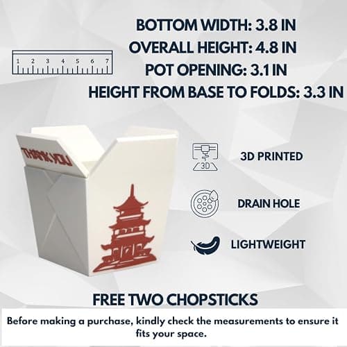 Plant Pot for Indoor Plants, Chinese Take Out Box White Whit Two Chopsticks (Free) 3D Printed -Plastic -Unique Planter for Indoor with Drainage Hole- Made in USA (White) thumbnail 2