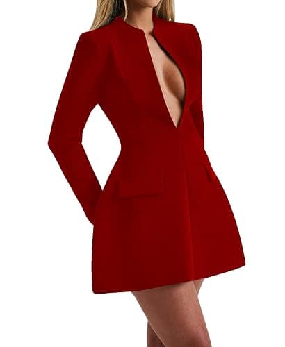 LuFeng Women's Long Sleeve Sexy Deep V Neck Zipper A-line Mini Dress Hollow Bodycon Night Out Party Dress thumbnail 4